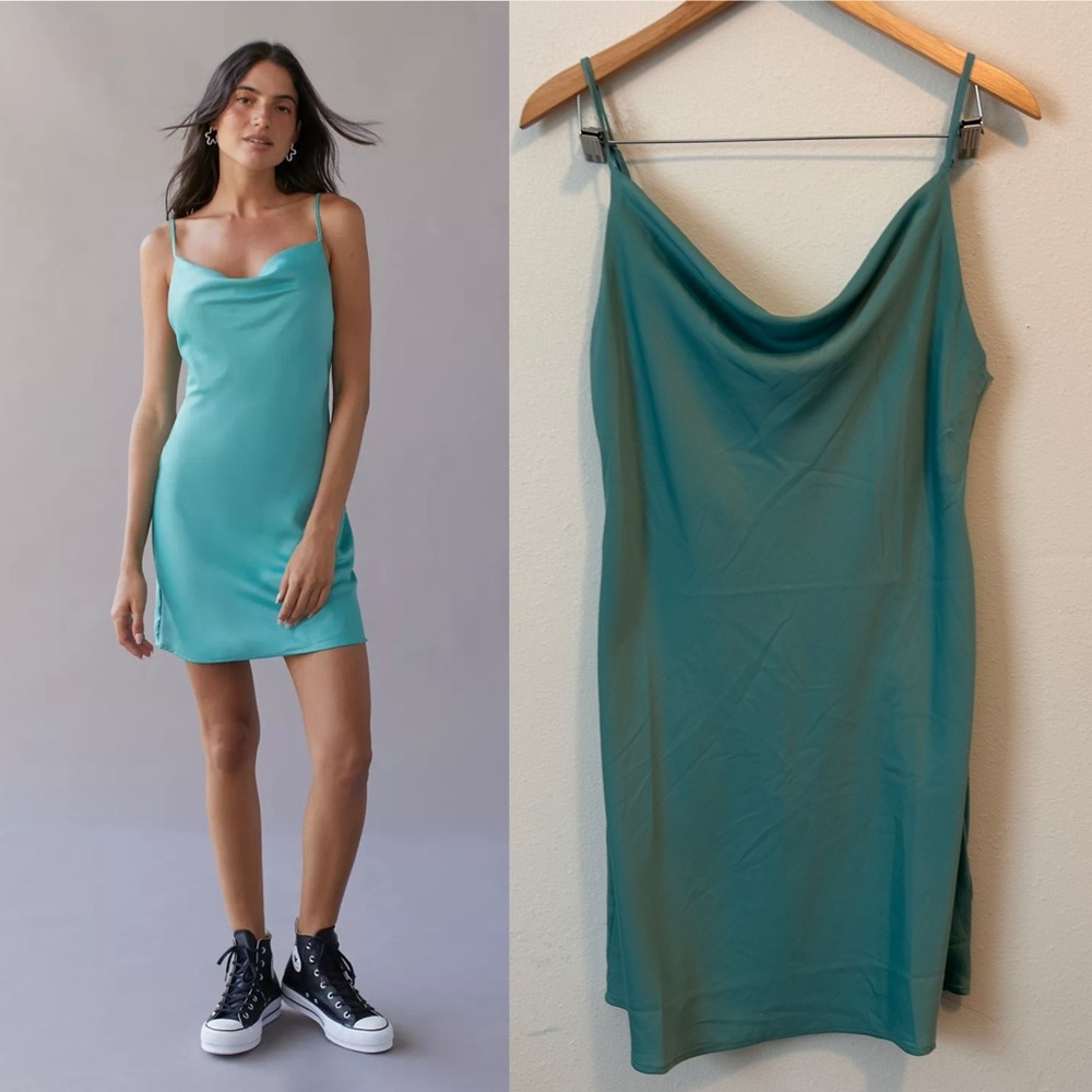 Urban Outfitters Women’s Large Teal Cowl Neck Straps Mini Slip Dress